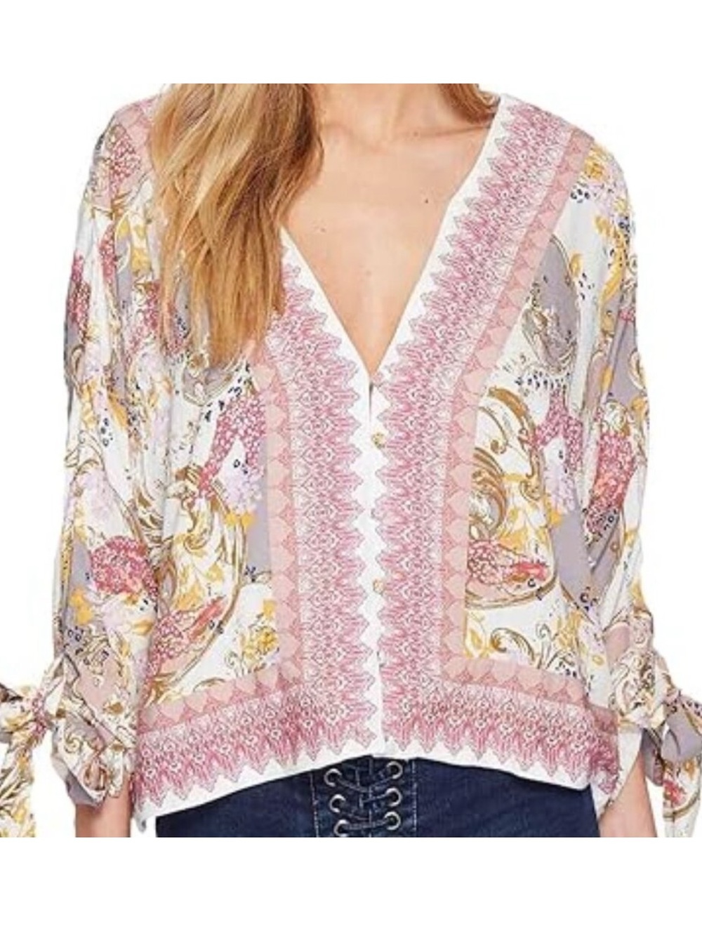 Free People Women's S Catch Me If You Can Boho Floral V-Neck Blouse - Pink Multi